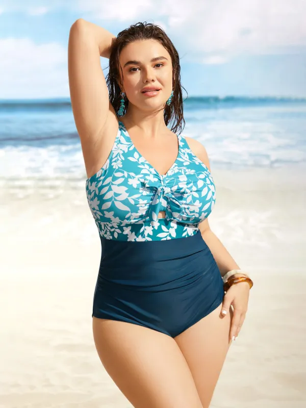 Silhouette Floral Print Patchwork Gathered One Piece Swimsuit sold by Bloomchic