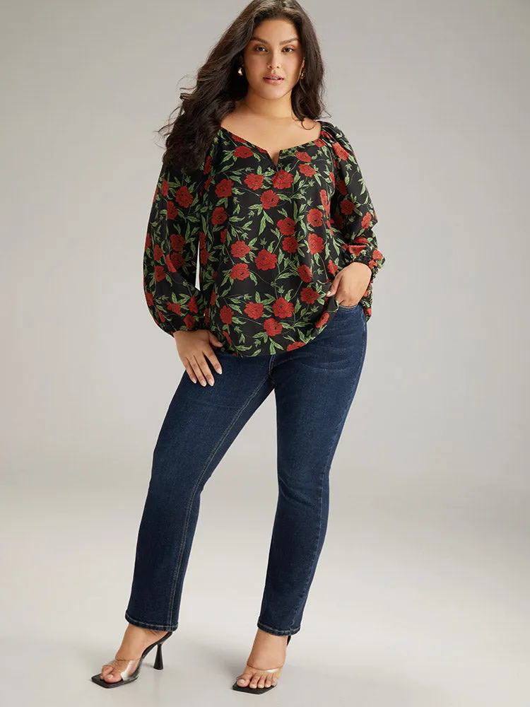 Floral Print Notched Lantern Sleeve Blouse sold by Bloomchic product image thumbnail 4