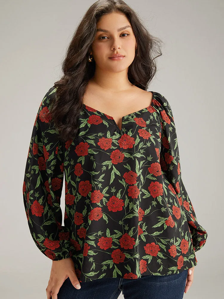 Floral Print Notched Lantern Sleeve Blouse sold by Bloomchic