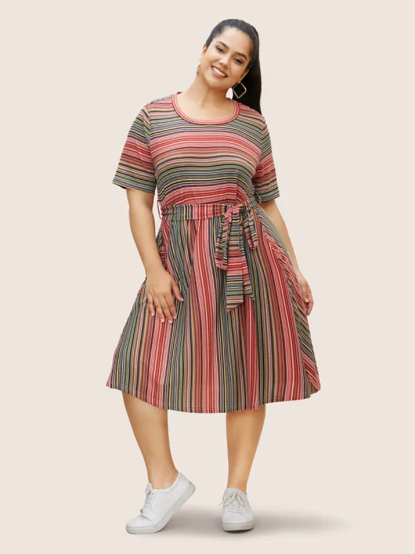 Contrast Striped Round Neck Belted Midi Dress sold by Bloomchic
