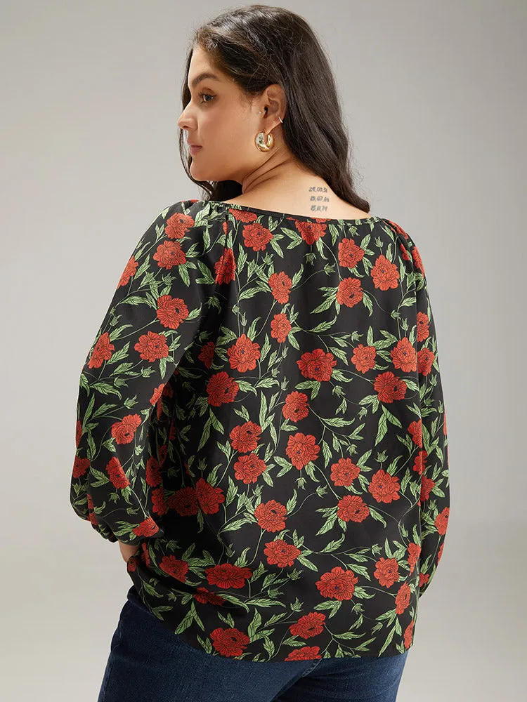 Floral Print Notched Lantern Sleeve Blouse sold by Bloomchic product image thumbnail 5