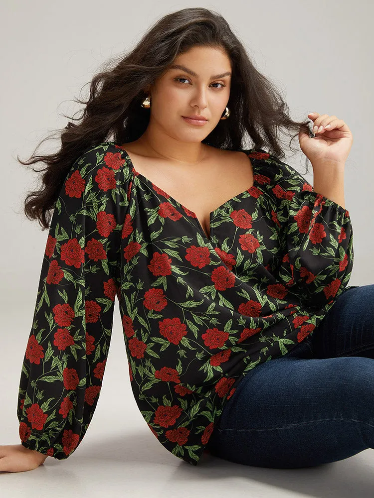 Floral Print Notched Lantern Sleeve Blouse sold by Bloomchic product image thumbnail 2