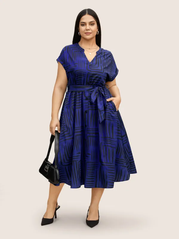 Geometric Button Detail Cuffed Sleeve Dress sold by Bloomchic