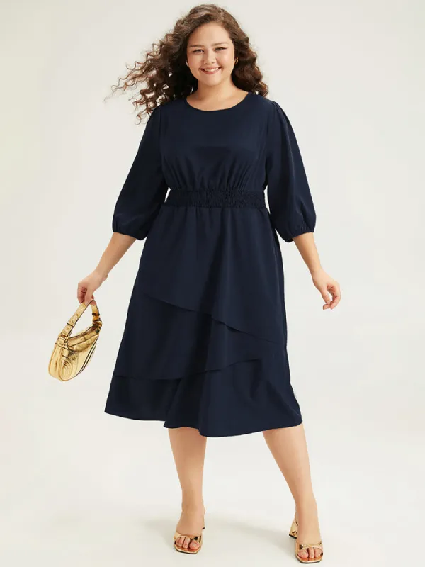 Twill Flutter Shirred Asymmetrical Layered Hem Dress sold by Bloomchic
