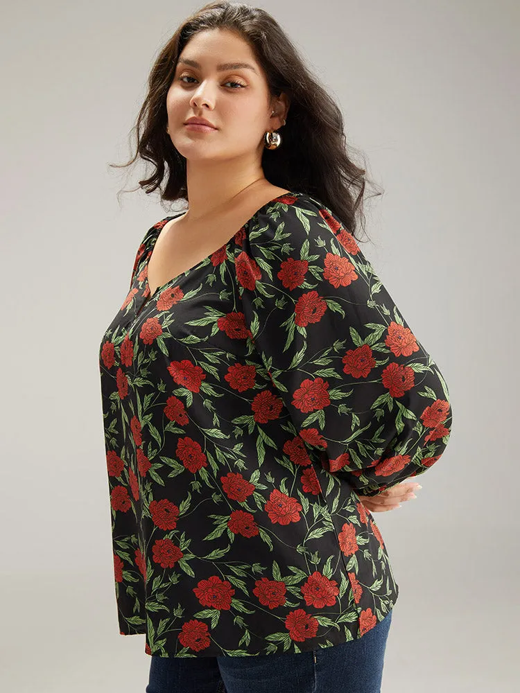 Floral Print Notched Lantern Sleeve Blouse sold by Bloomchic product image thumbnail 3
