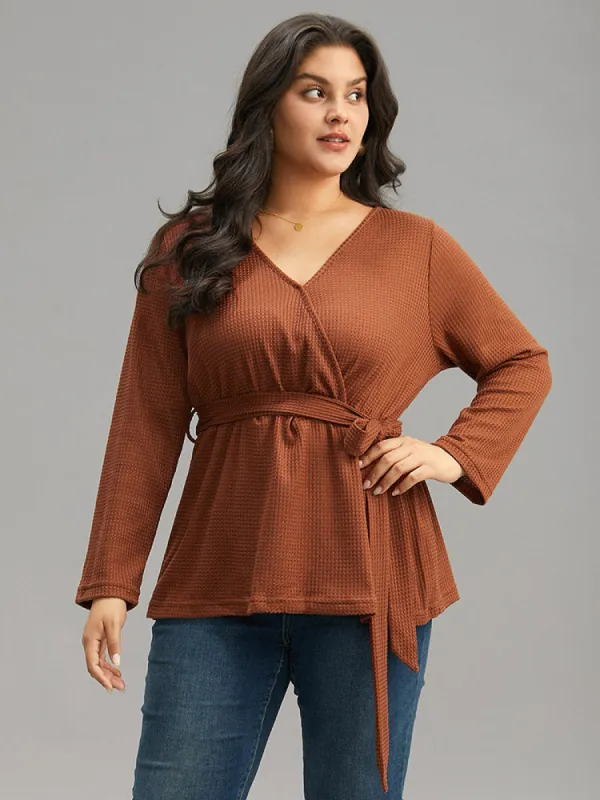 Plain Waffle Knit Wrap V Neck Ties T-shirt sold by Bloomchic