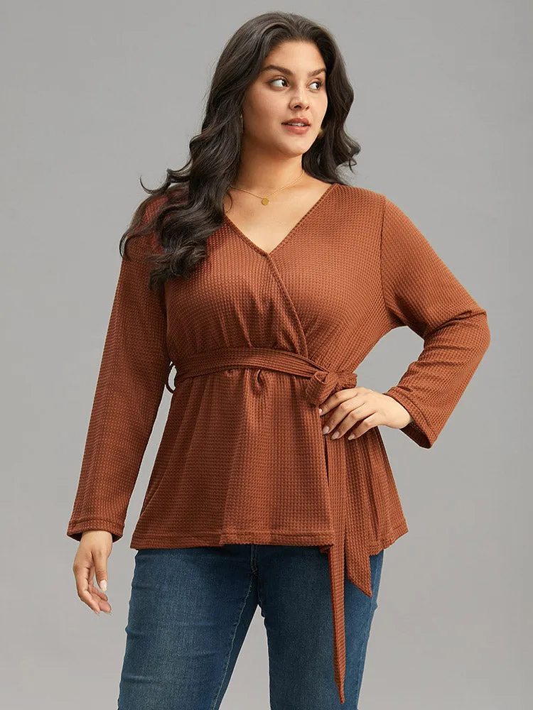 Plain Waffle Knit Wrap V Neck Ties T-shirt sold by Bloomchic