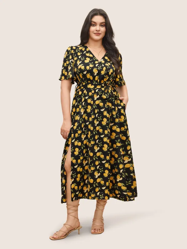 Citrus Lemons Print Belted Surplice Neck Split Side Dress sold by Bloomchic