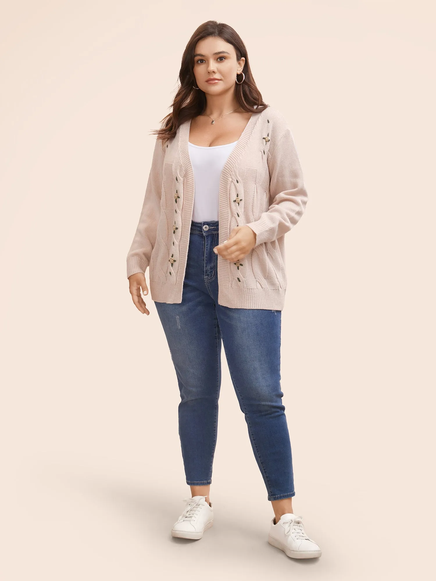 Floral Embroidered Kimono Collar Cable Knit Cardigan sold by Bloomchic product image thumbnail 3