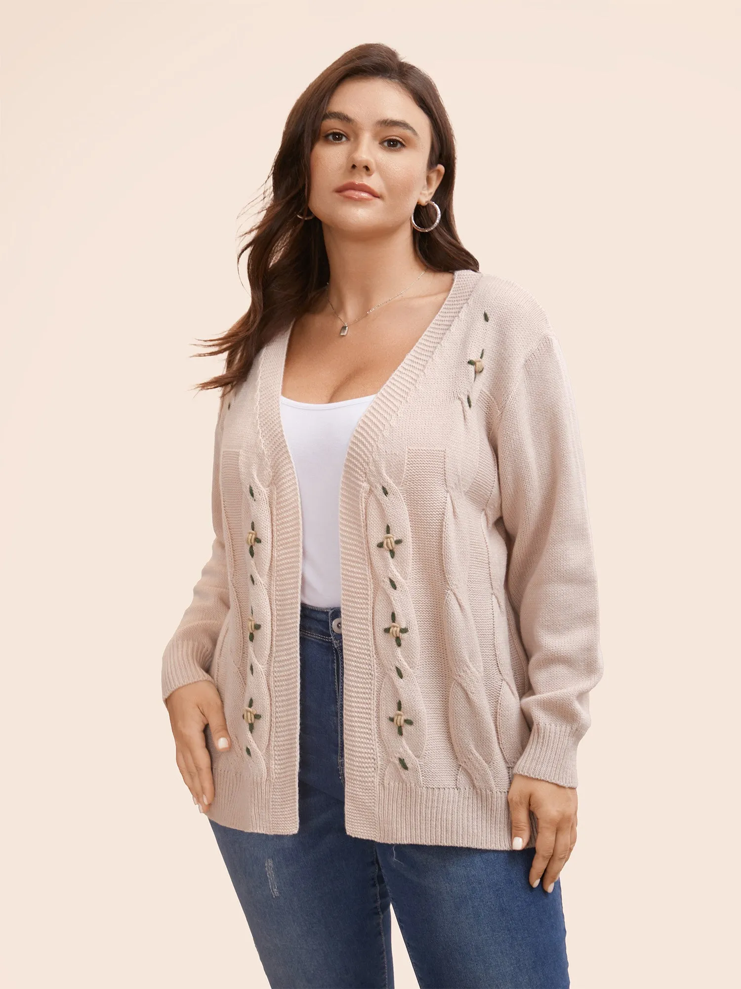 Floral Embroidered Kimono Collar Cable Knit Cardigan sold by Bloomchic