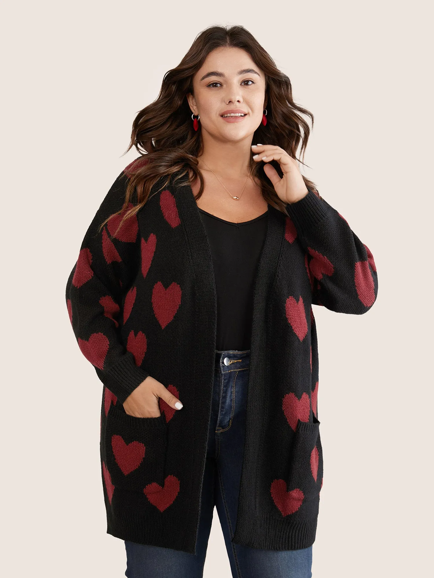 Heart Geometric Contrast Pocket Cardigan sold by Bloomchic