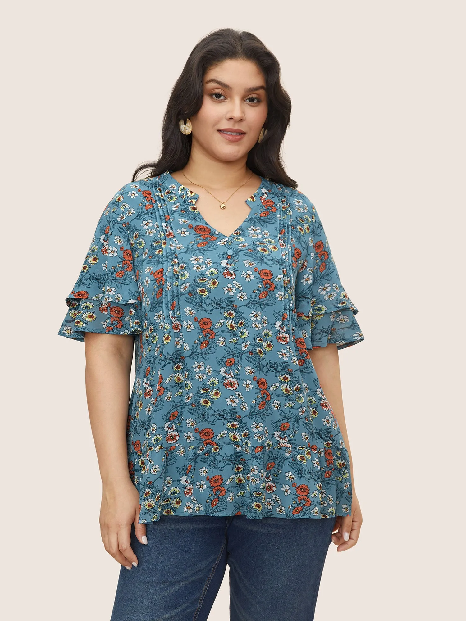 Floral Tucked Seam Notched Collar Blouse sold by Bloomchic