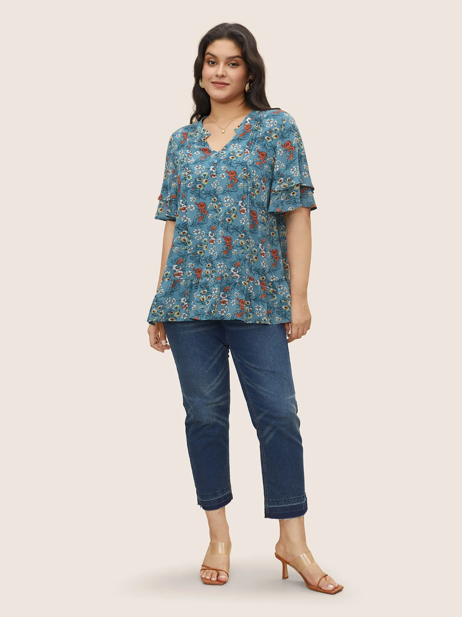 Floral Tucked Seam Notched Collar Blouse sold by Bloomchic product image thumbnail 2