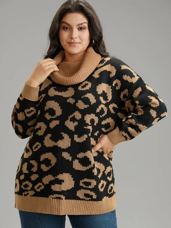 Leopard Contrast Jacquard Turtleneck Pullover sold by Bloomchic