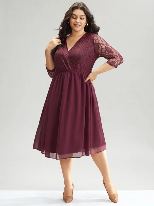 Chiffon Crochet Lace Mesh Surplice Neck Dress sold by Bloomchic