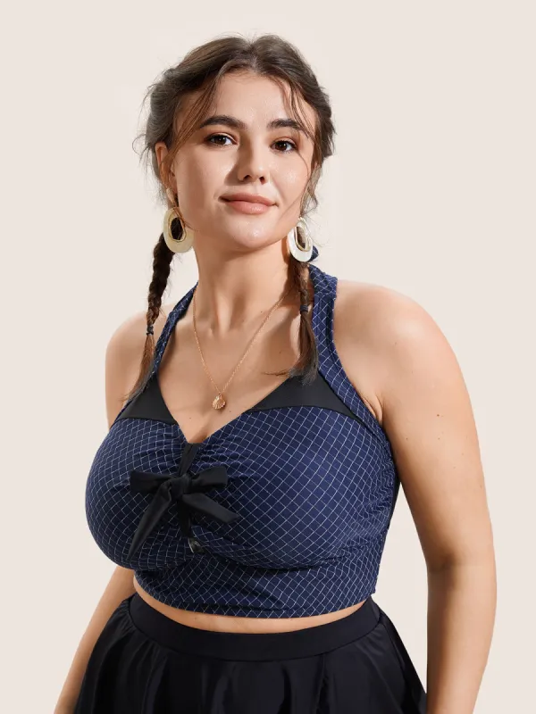Gingham Bowknot Patchwork Adjustable Straps Swim Top sold by Bloomchic