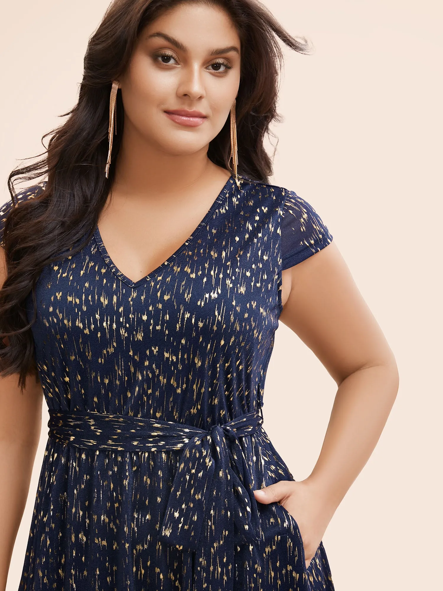 Glitter Geometric Cap Sleeve Belted Dress sold by Bloomchic product image thumbnail 4