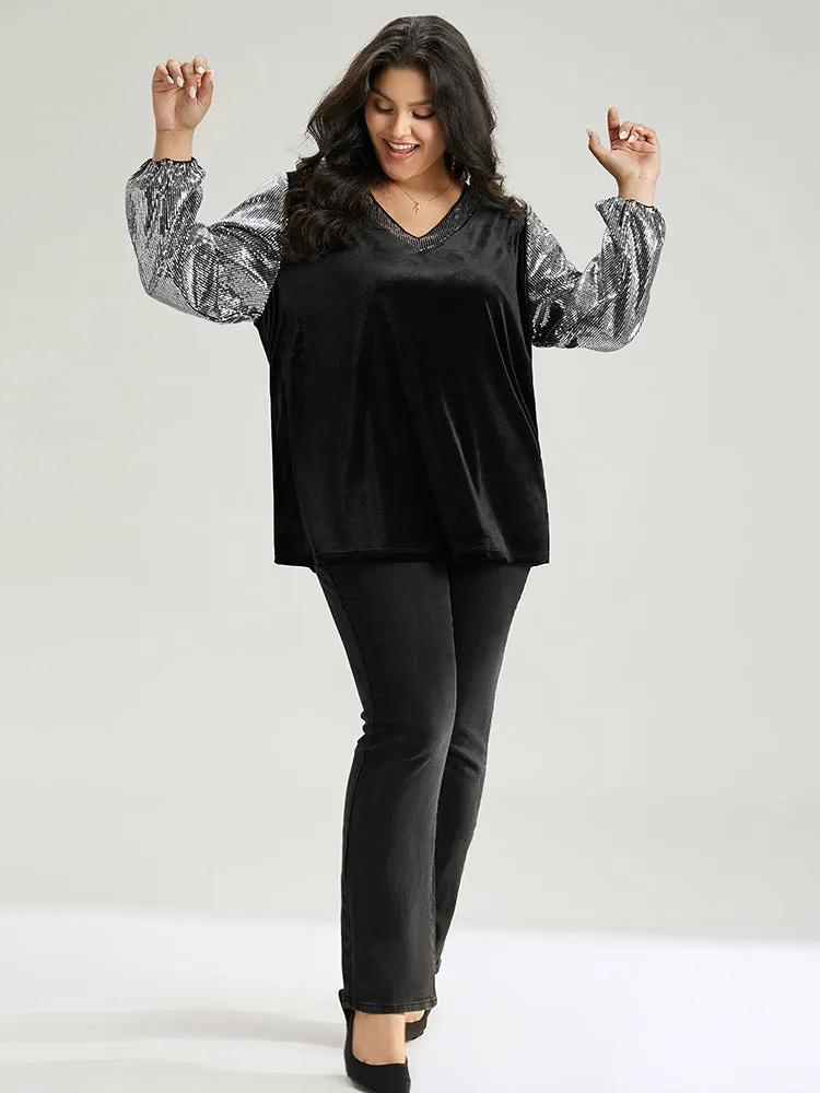 Sequin Patchwork V Neck Lantern Sleeve Sweatshirt sold by Bloomchic product image thumbnail 5