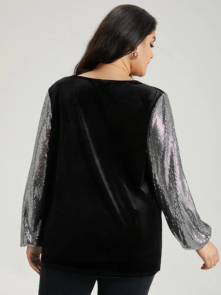 Sequin Patchwork V Neck Lantern Sleeve Sweatshirt sold by Bloomchic product image thumbnail 2