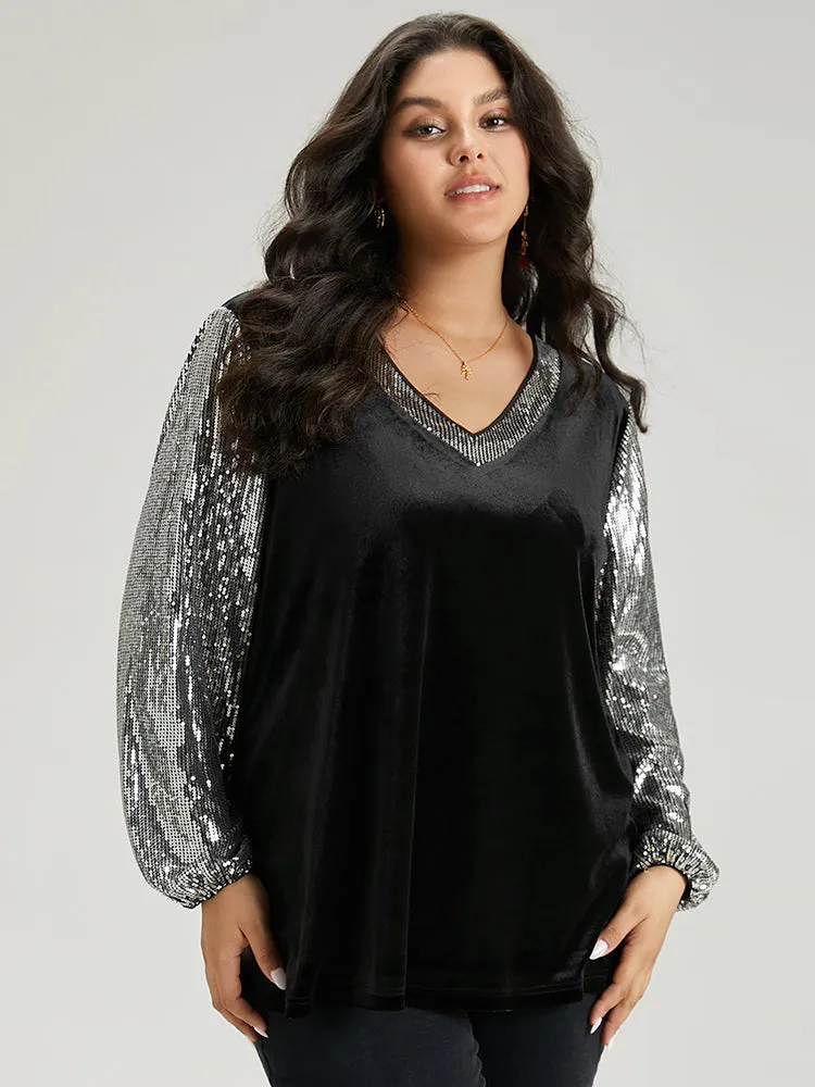 Sequin Patchwork V Neck Lantern Sleeve Sweatshirt sold by Bloomchic