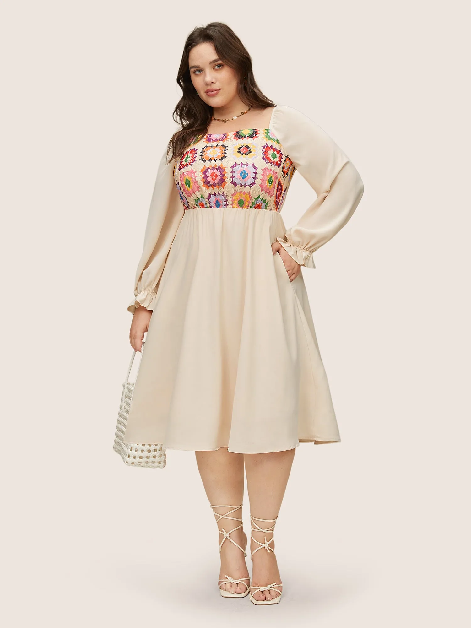 Floral Patchwork Square Neck Gathered Dress sold by Bloomchic