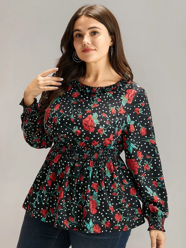 Rose Print Shirred Frill Trim Lantern Sleeve Blouse sold by Bloomchic