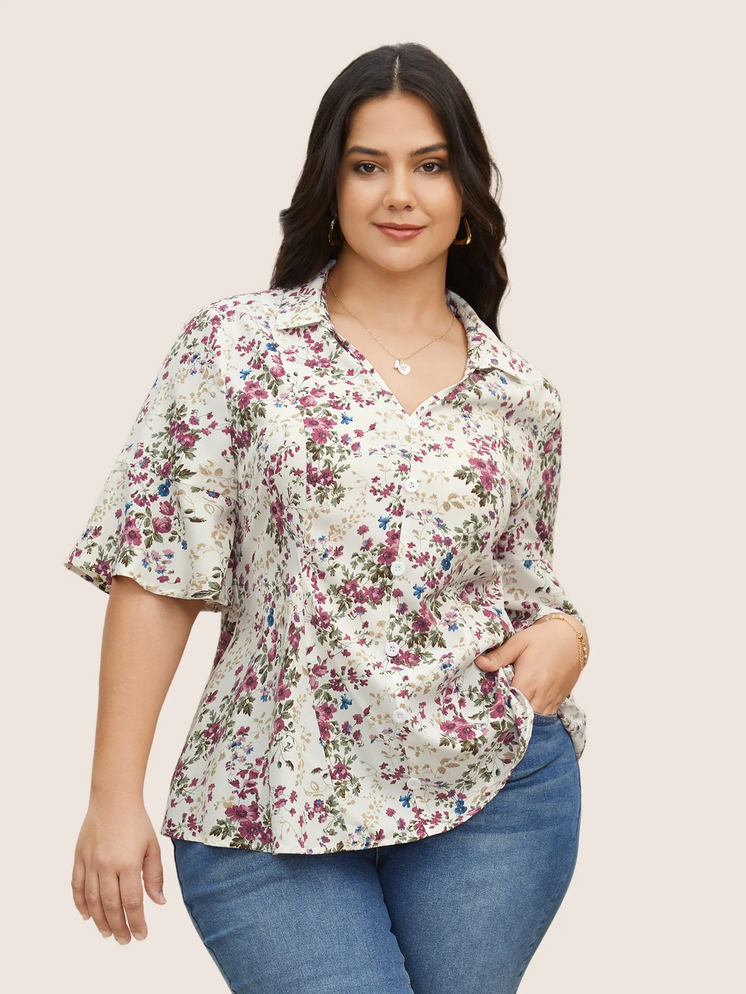 Shirt Collar Floral Button Detail Bell Sleeve Blouse sold by Bloomchic