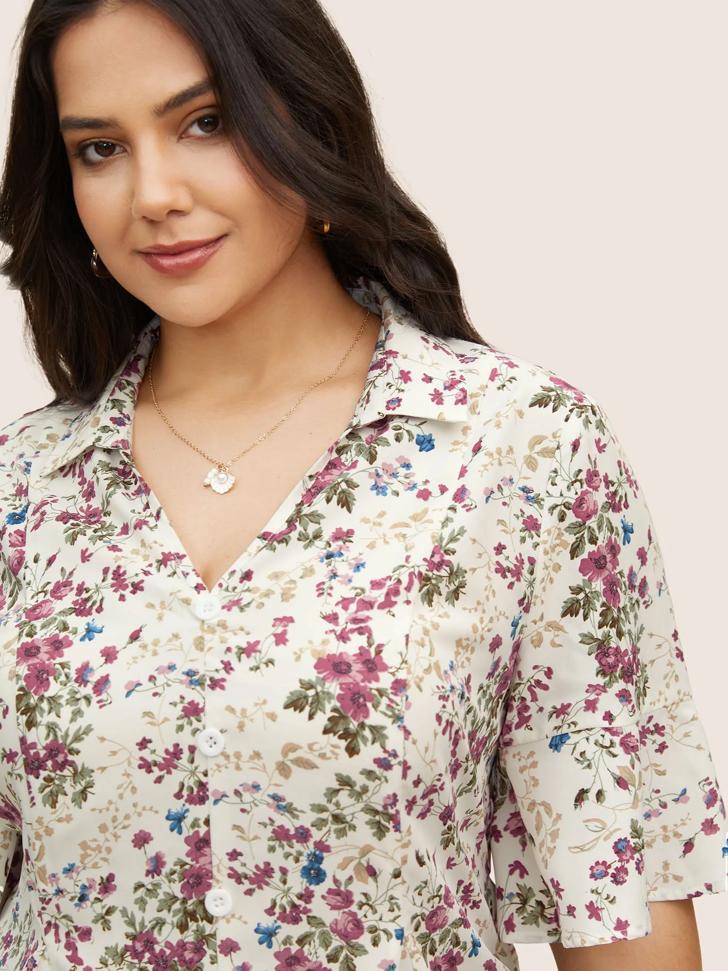 Shirt Collar Floral Button Detail Bell Sleeve Blouse sold by Bloomchic product image thumbnail 4