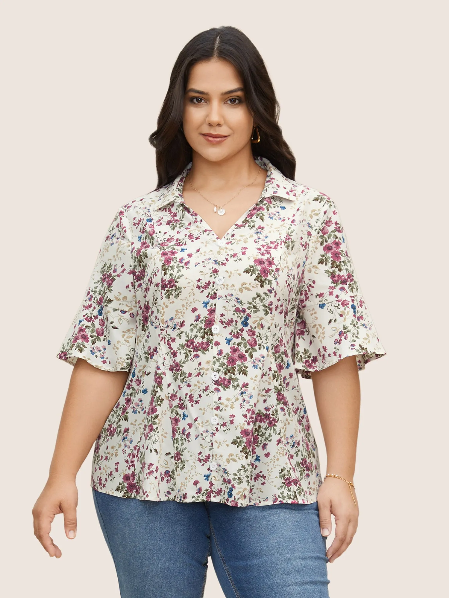 Shirt Collar Floral Button Detail Bell Sleeve Blouse sold by Bloomchic product image thumbnail 2