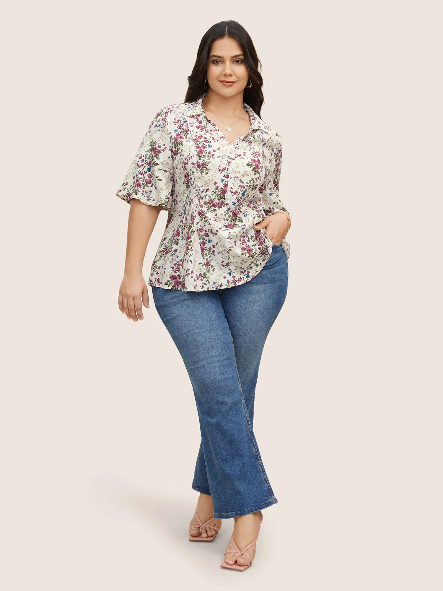 Shirt Collar Floral Button Detail Bell Sleeve Blouse sold by Bloomchic product image thumbnail 3