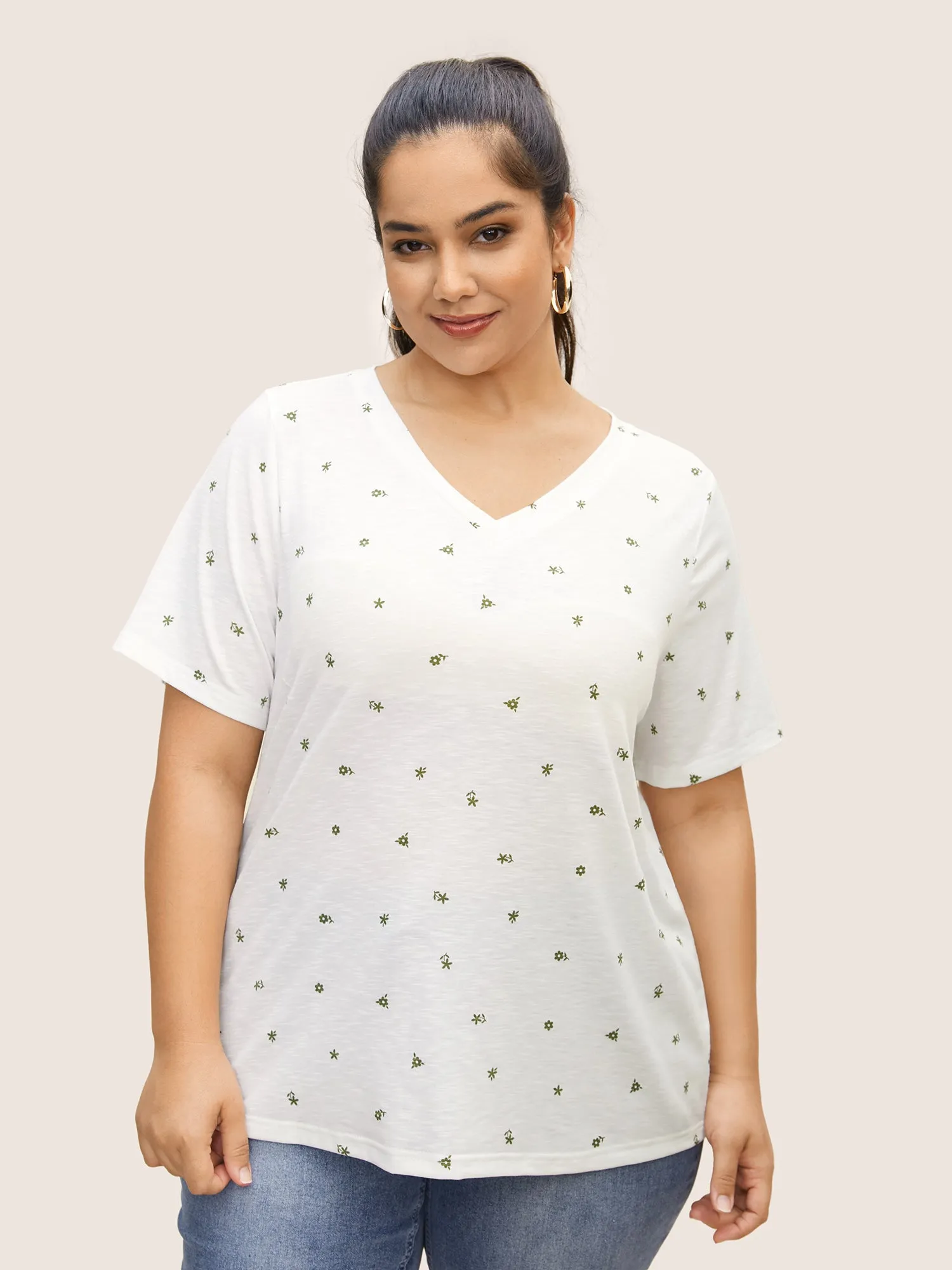 Small Flora Print V Neck T-shirt sold by Bloomchic