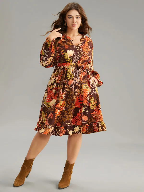 Floral Belted Notched Lantern Sleeve Ruffles Dress sold by Bloomchic