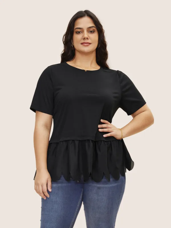 Round Neck Patchwork Scalloped Trim T-shirt sold by Bloomchic