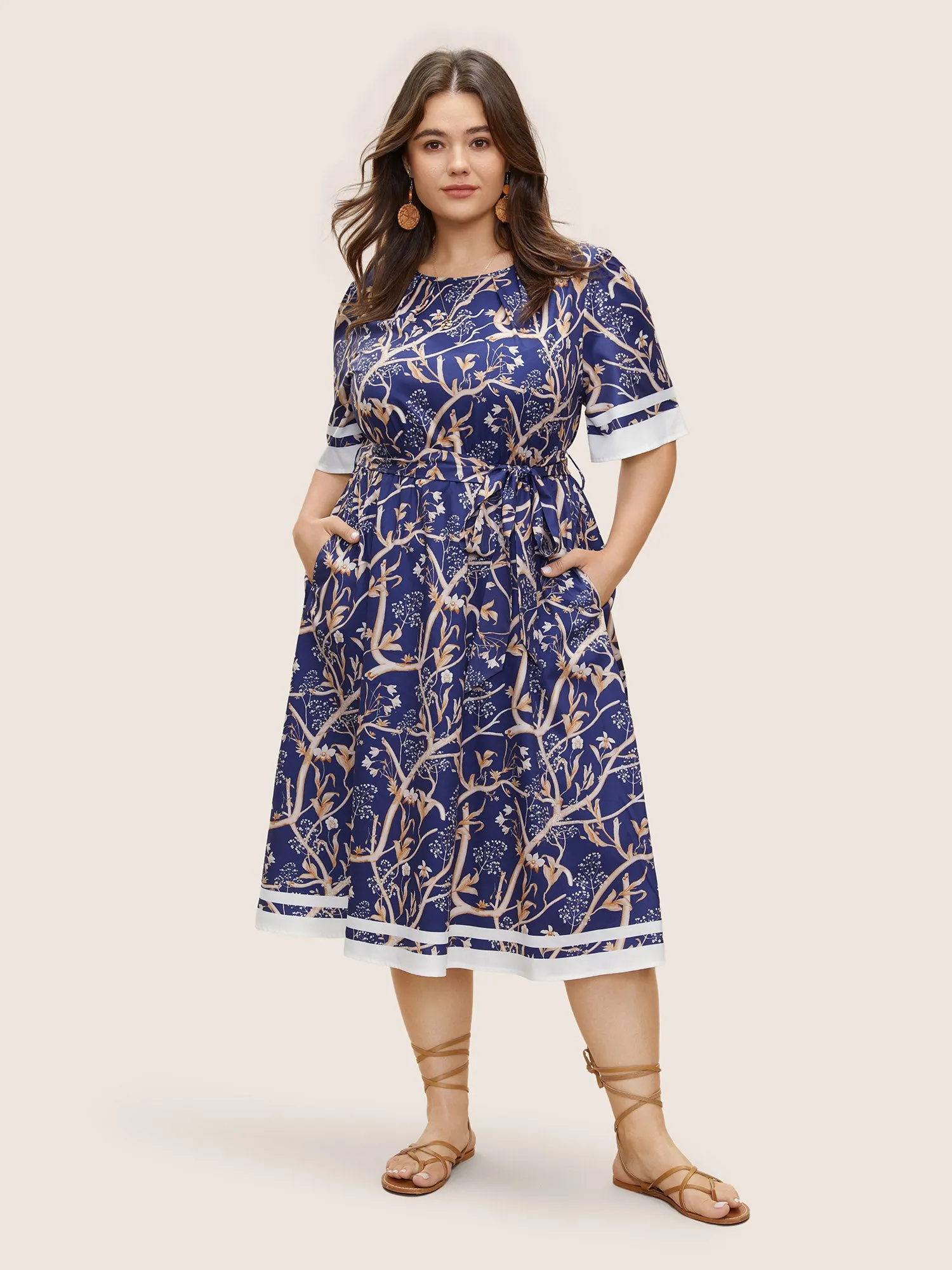 Plants Print Contrast Belted Pleated Dress sold by Bloomchic product image thumbnail 3