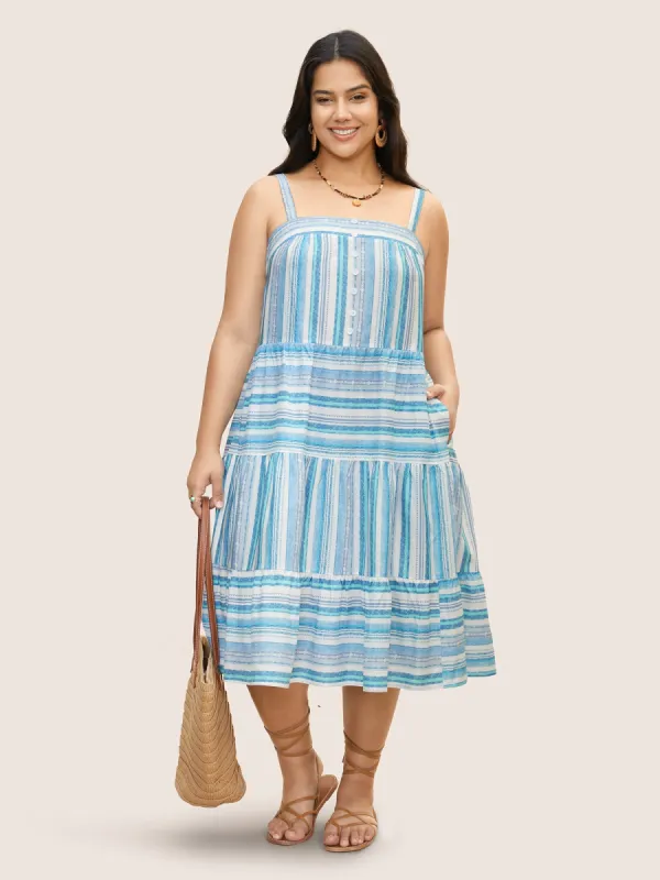 Striped Button Detail Ruffle Layered Hem Dress sold by Bloomchic