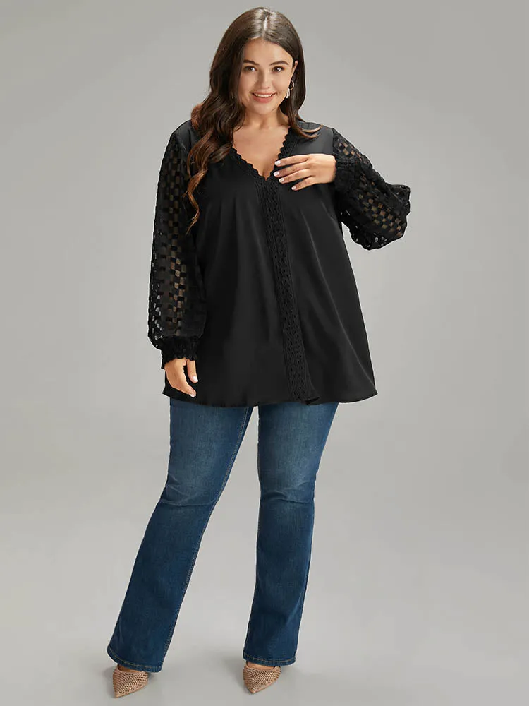 Lace Panel V Neck Shirred Mesh Blouse sold by Bloomchic product image thumbnail 4