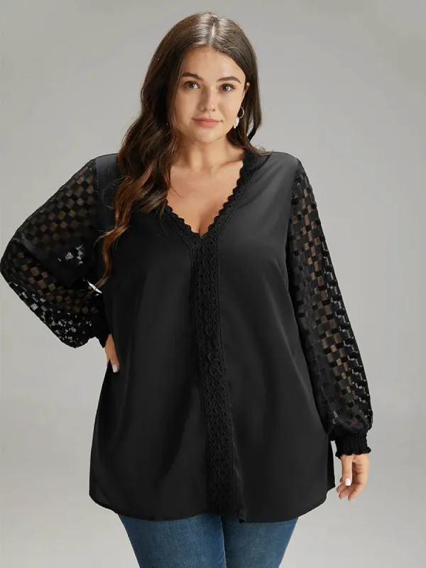 Lace Panel V Neck Shirred Mesh Blouse sold by Bloomchic