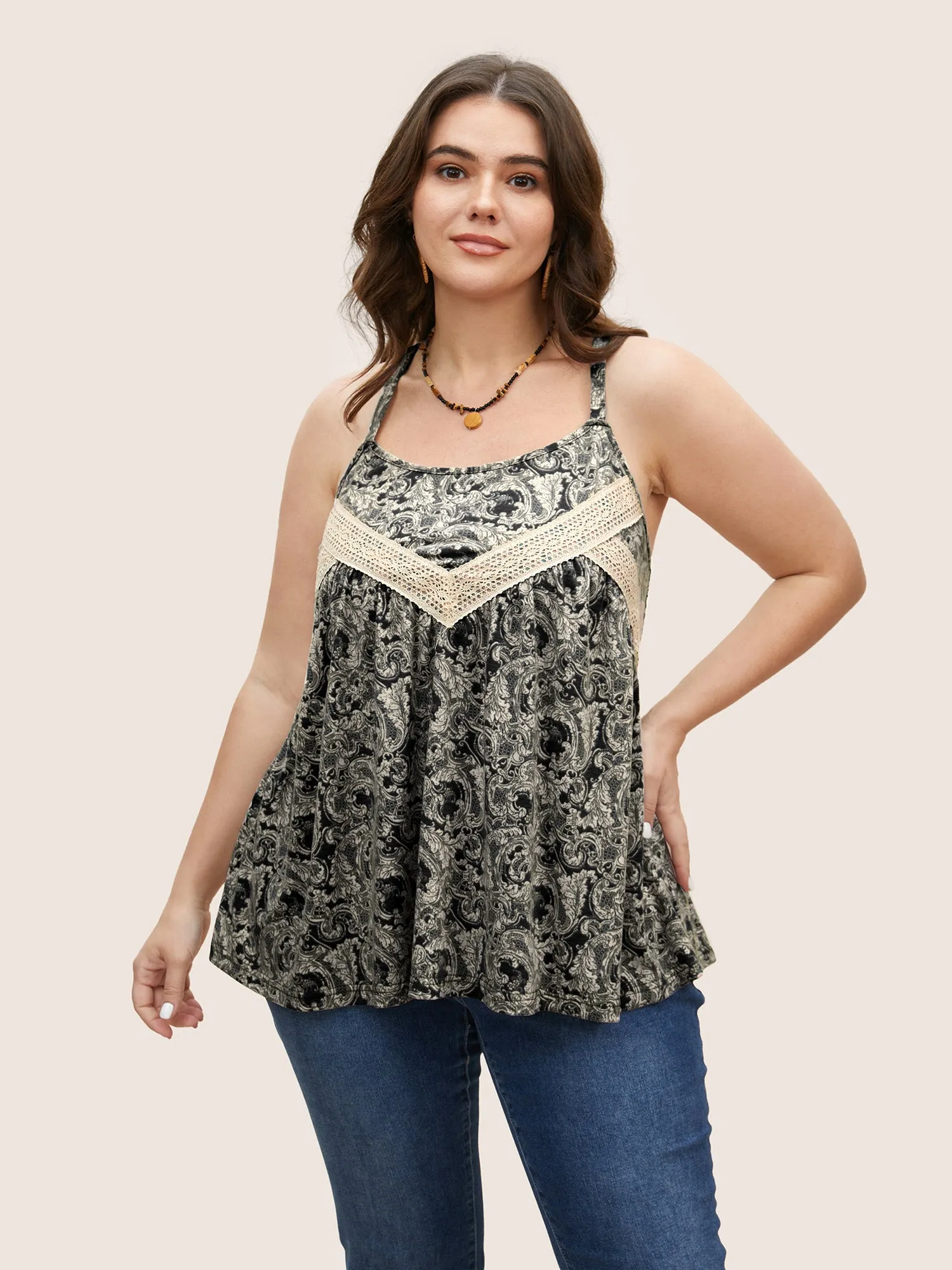 Boho Print Contrast Webbing Cami Top sold by Bloomchic
