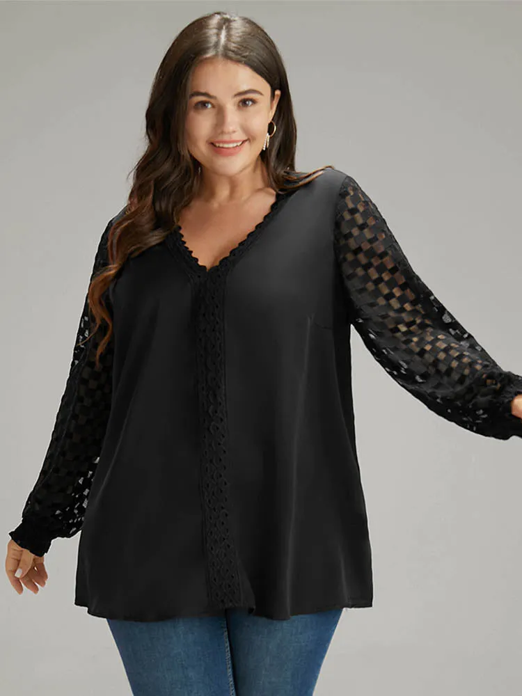 Lace Panel V Neck Shirred Mesh Blouse sold by Bloomchic product image thumbnail 5