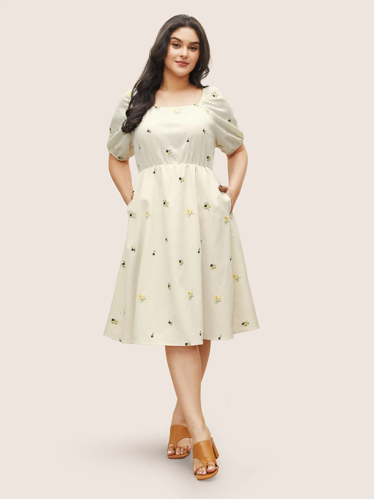 Ditsy Floral Embroidered Square Neck Elastic Cuffs Dress sold by Bloomchic