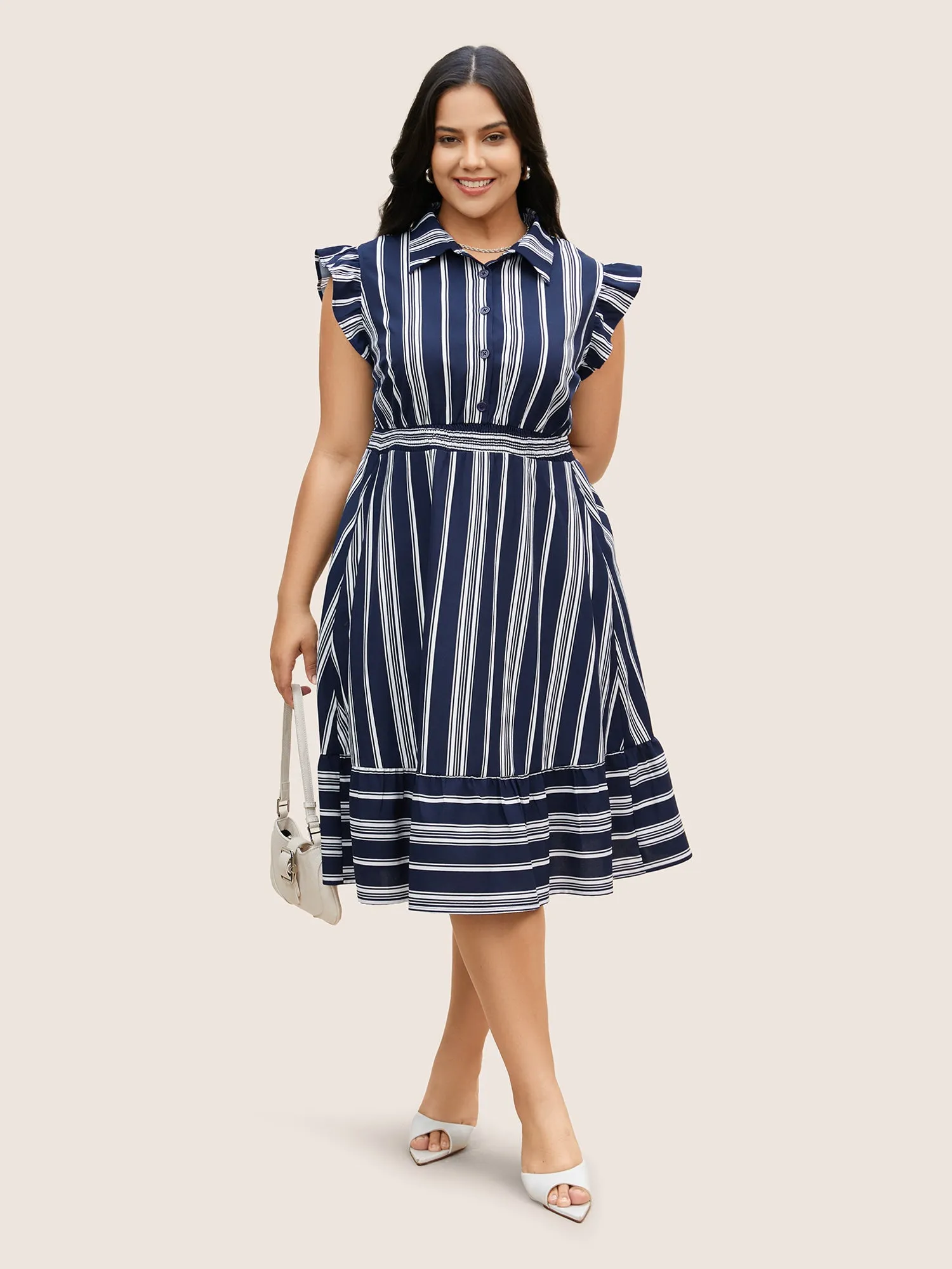 Shirt Collar Striped Ruffle Cap Sleeve Dress sold by Bloomchic