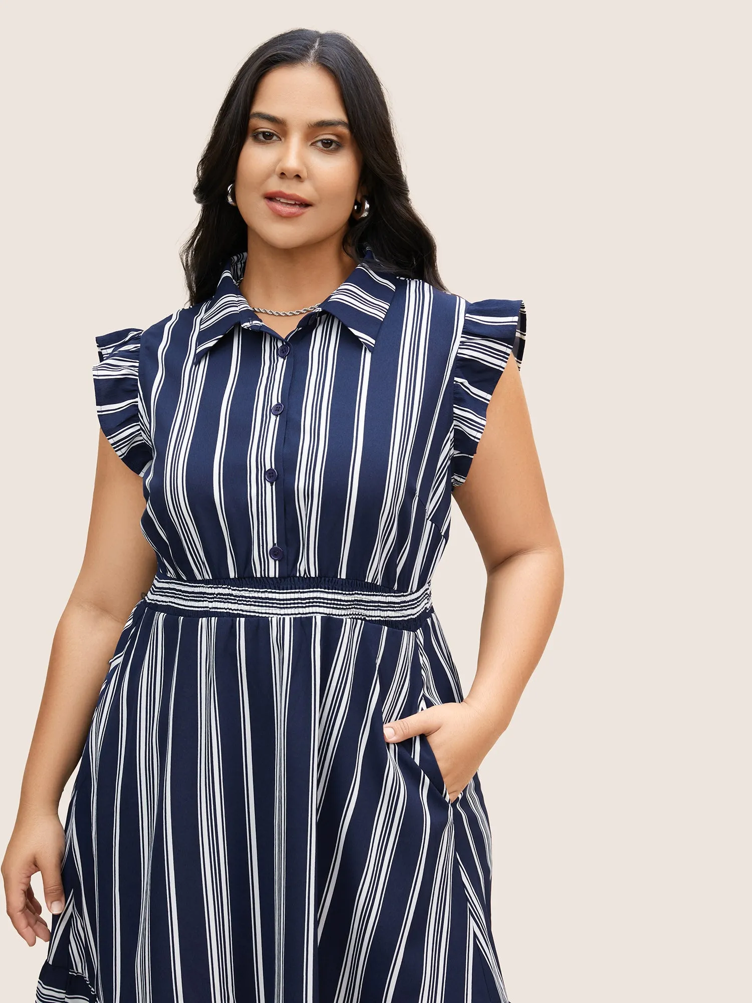 Shirt Collar Striped Ruffle Cap Sleeve Dress sold by Bloomchic product image thumbnail 2