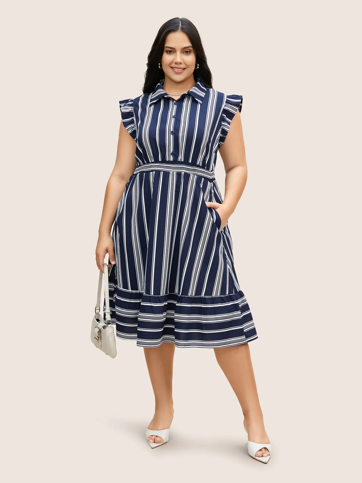 Shirt Collar Striped Ruffle Cap Sleeve Dress sold by Bloomchic product image thumbnail 3