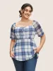 Square Neck Plaid Drawstring Raglan Sleeve T-shirt sold by Bloomchic