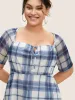 Square Neck Plaid Drawstring Raglan Sleeve T-shirt sold by Bloomchic