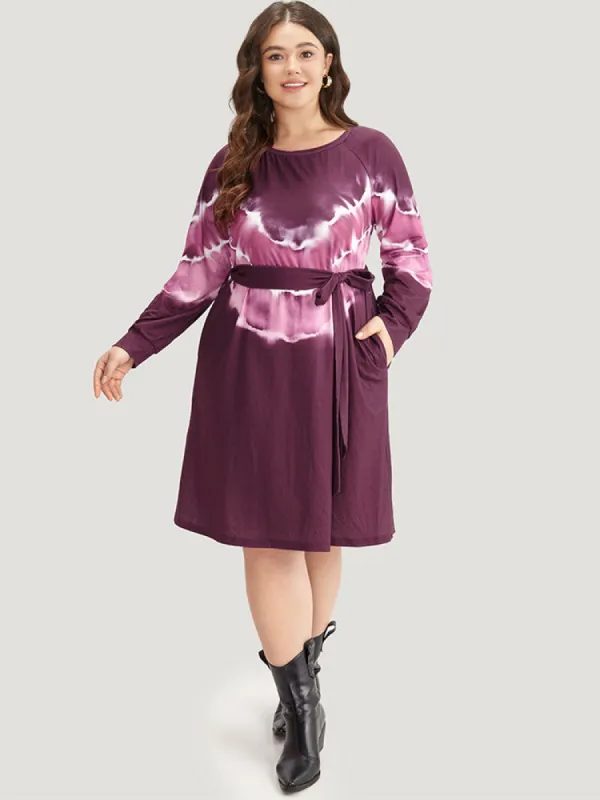 Tie Dye Pocket Round Neck Belted Raglan Sleeve Dress sold by Bloomchic