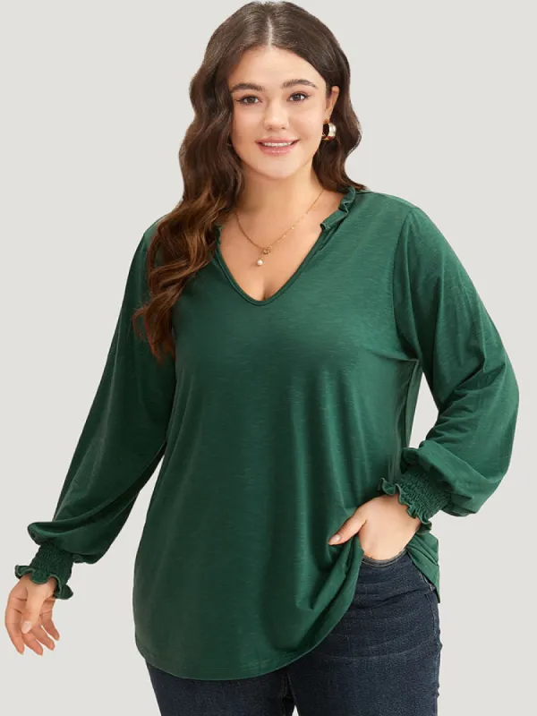 Solid Frill Trim Shirred T-shirt sold by Bloomchic