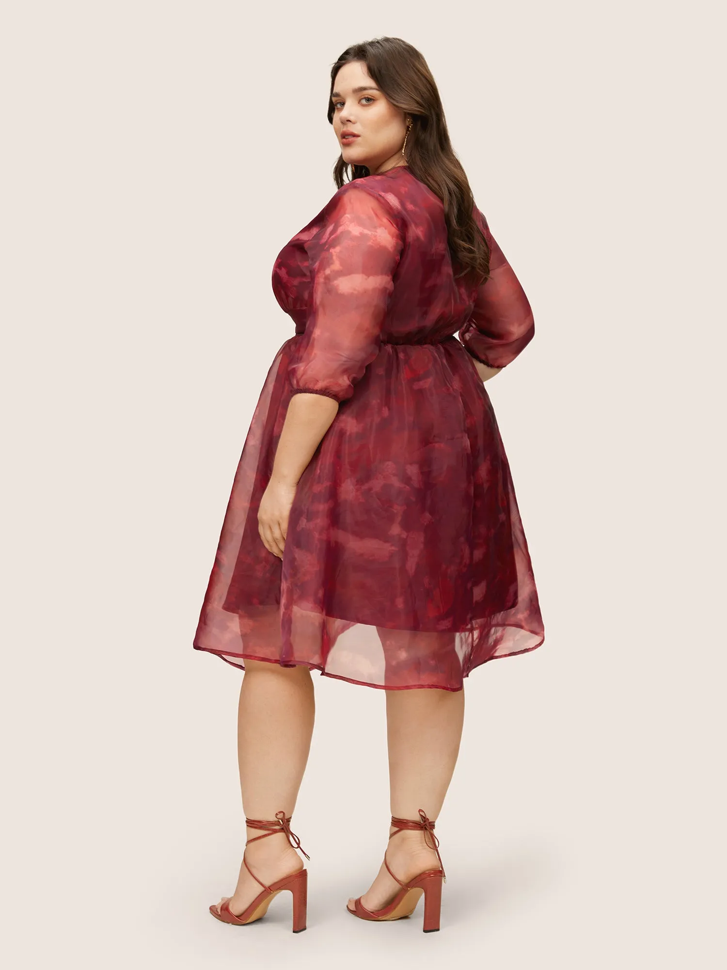 Pixel Flower Mesh Gathered Lantern Sleeve Dress sold by Bloomchic product image thumbnail 3