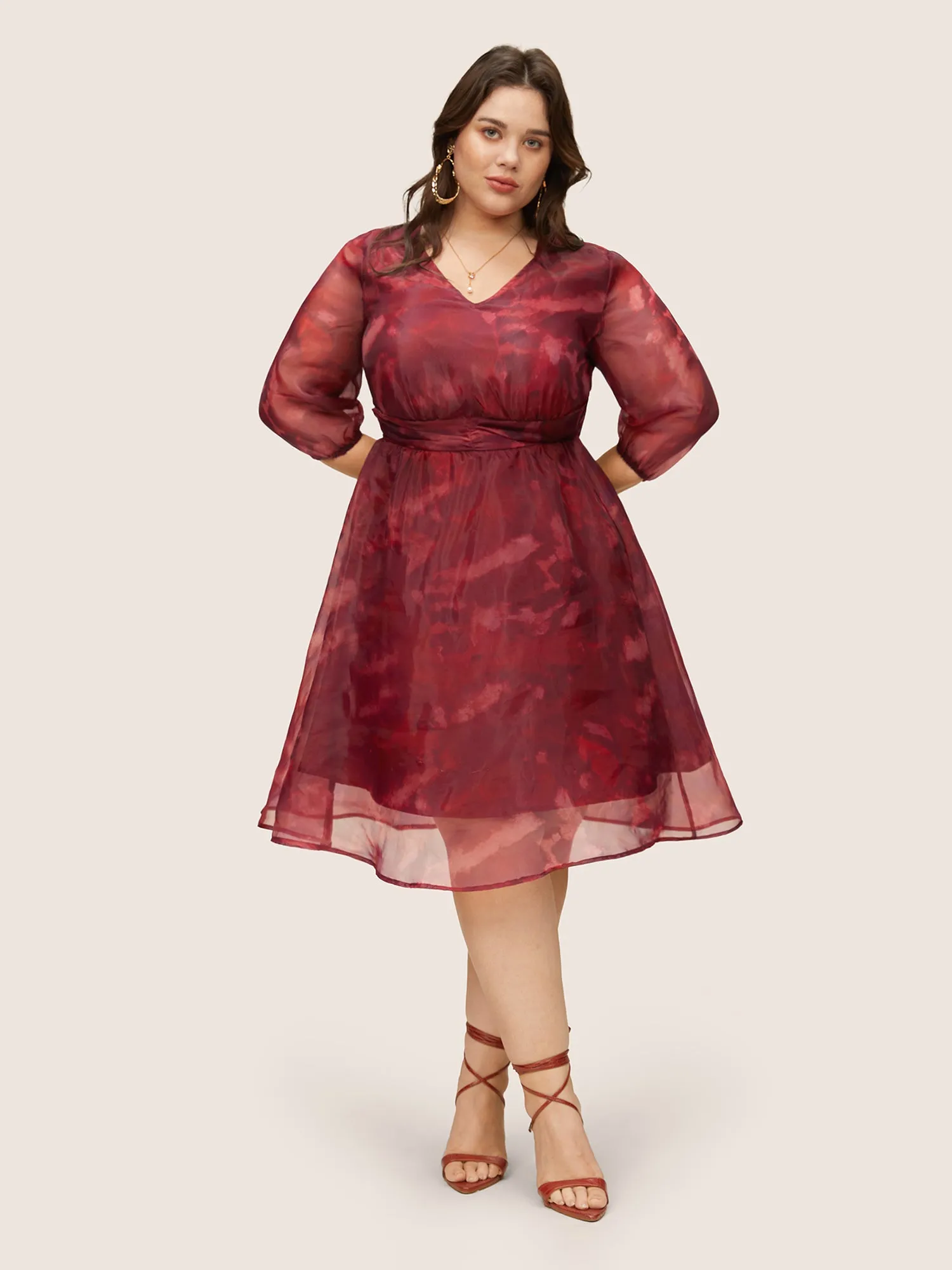 Pixel Flower Mesh Gathered Lantern Sleeve Dress sold by Bloomchic