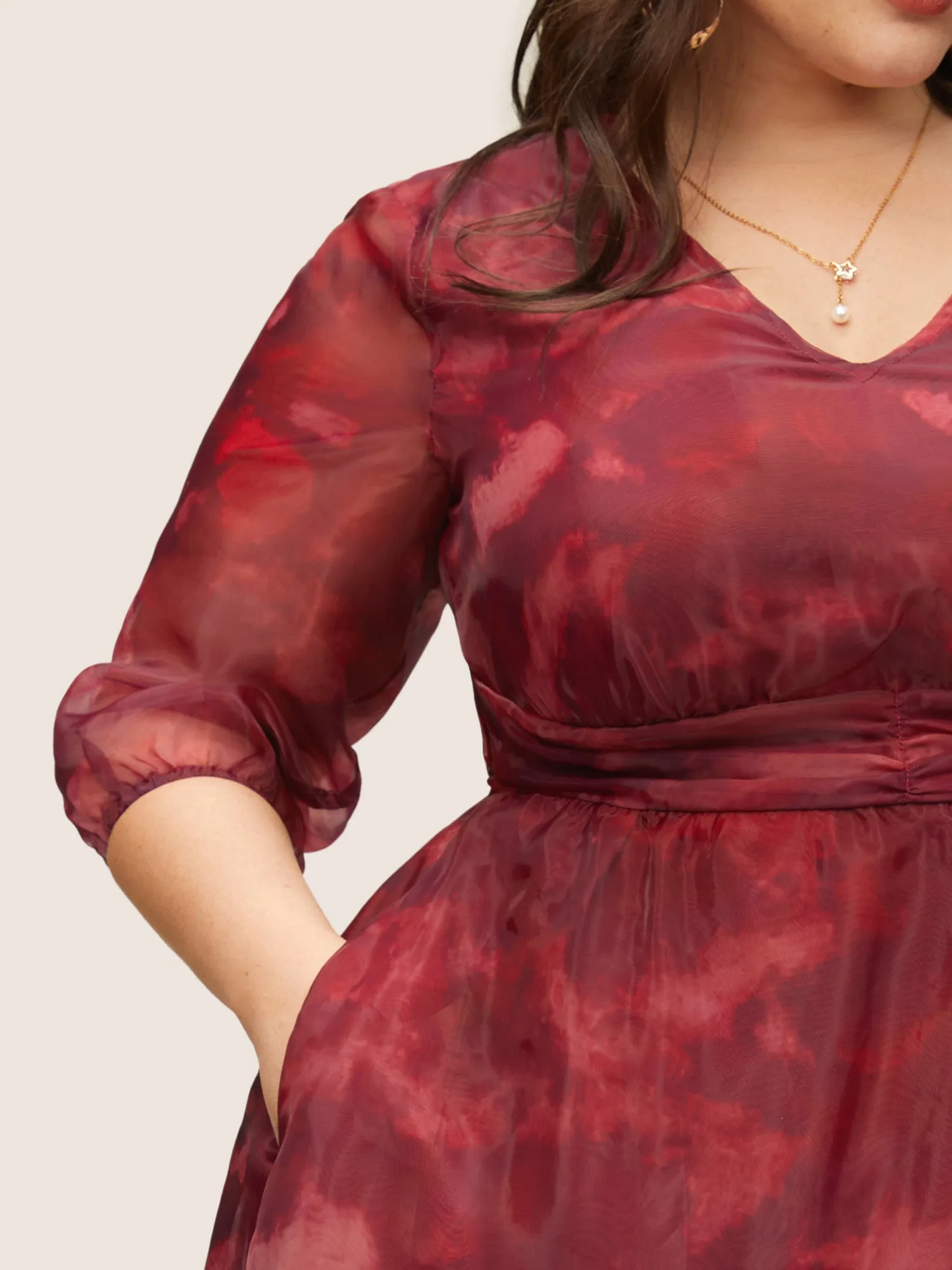 Pixel Flower Mesh Gathered Lantern Sleeve Dress sold by Bloomchic product image thumbnail 4